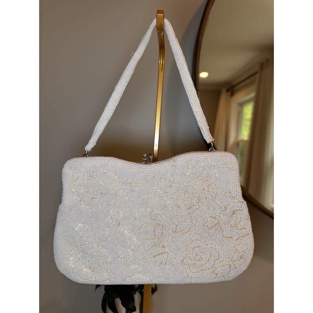 Vintage Hand Beaded Japan White Floral Rose Clutch Handbag Shoulder Purse